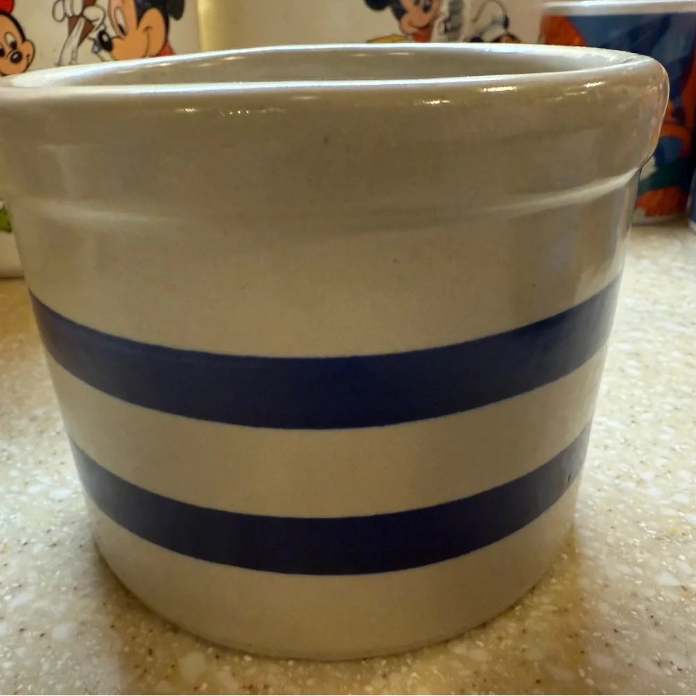Vintage Crock Roseville Robinson Ransbottom Blue 1 Quart Low Striped Ceramic Pot - Picture 15 of 16